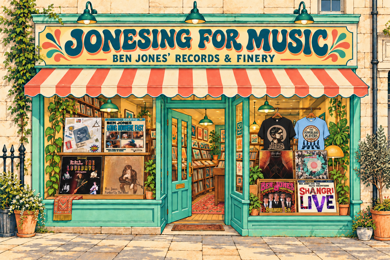Jonesing for Music — Ben Jones’ Records & Finery, an illustrated record shop with a striped awning, eight Ben Jones album covers, a black Ben Jones T-shirt and a blue Pepperland Players T-shirt in the windows